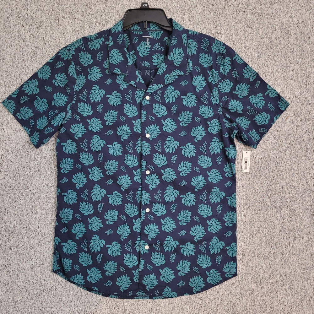 Amazon Essentials Mens Slim Fit‎ Short Sleeve Camp Shirt Navy Teal Leaf Print L